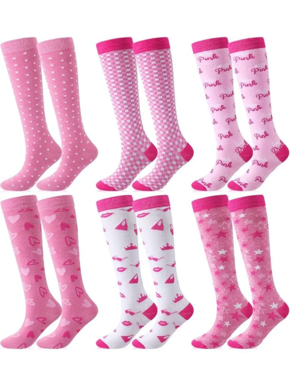 6 Pairs Pink Knee High Socks for Women & Girls | Preppy Tube Style, Cozy & Cute